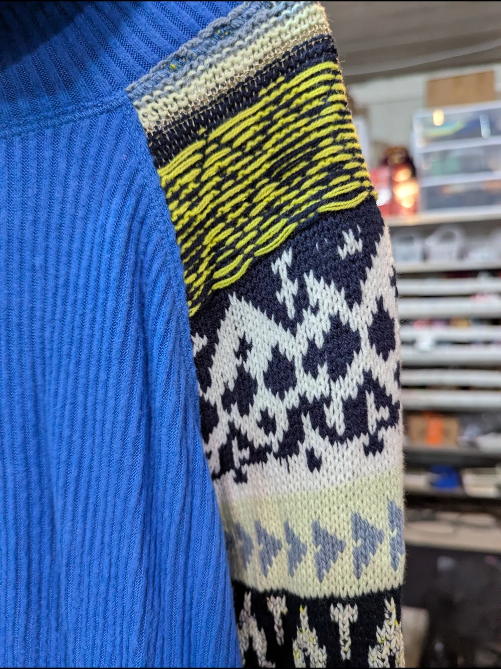 Free People Blue Cowl Neck Sweater with Patterned Sleeves | XS